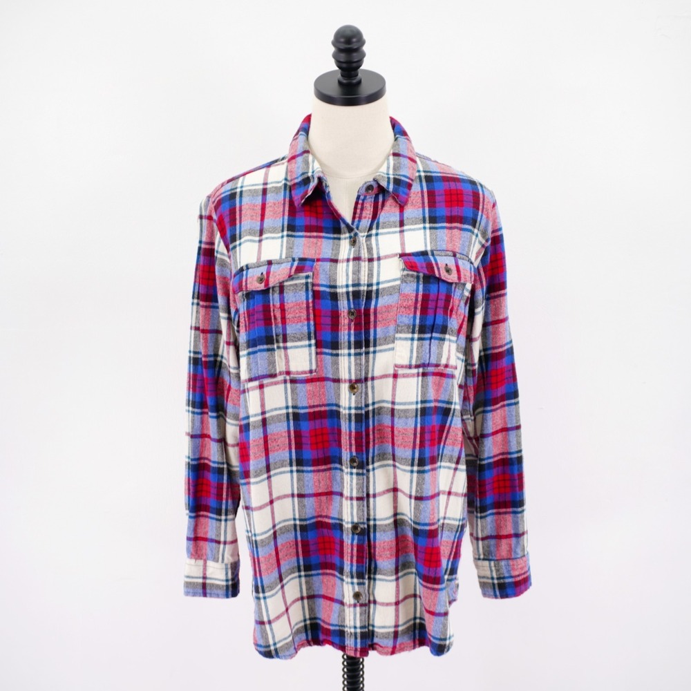 Forever 21 Small Blue Red White Black Plaid Flannel Button Front Shirt Pocket